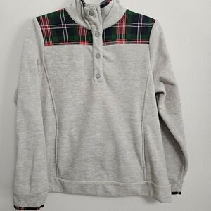 Crown And Ivy Women’s M 1/4 Snap Fleece Pullover Gray With Plaid Panels EUC